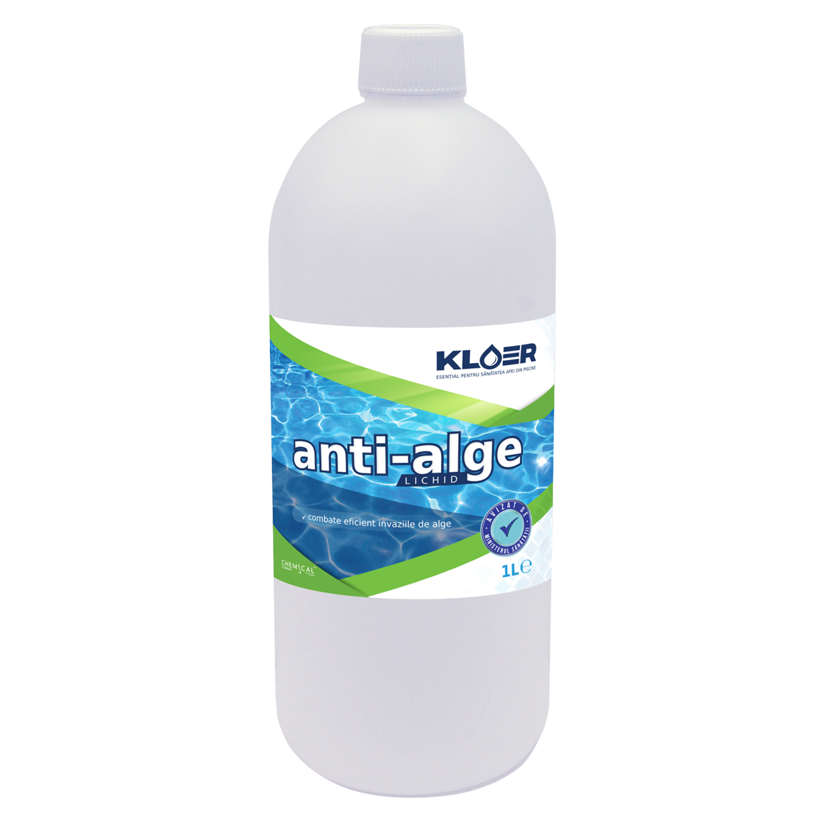 Anti-alge lichid 1L Kloer Anti-alge lichid 1L, combate si elimina eficient majoritatea tipurilor de alge. Curata si limpezeste apa verde din piscina! Elimina algele verzi plutitoare.